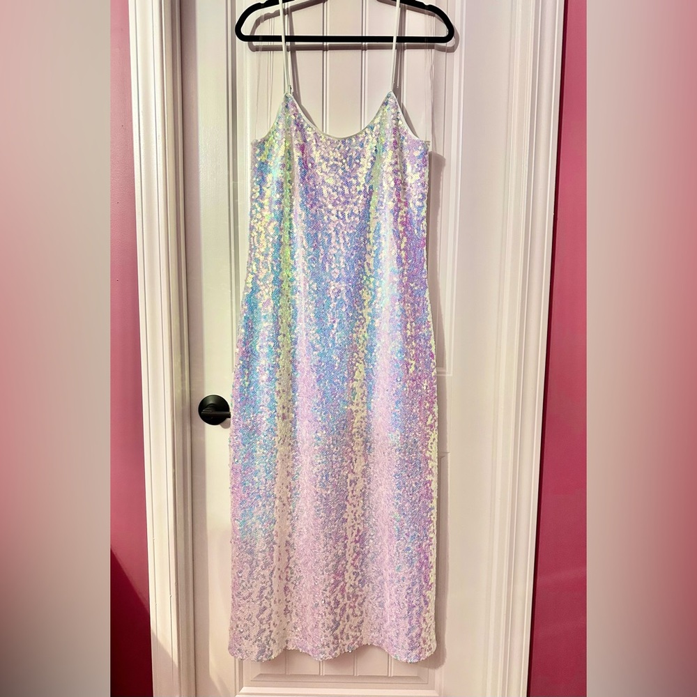 NWT Wild Fable White Rainbow Iridescent Sequin Midi Dress Size XXL